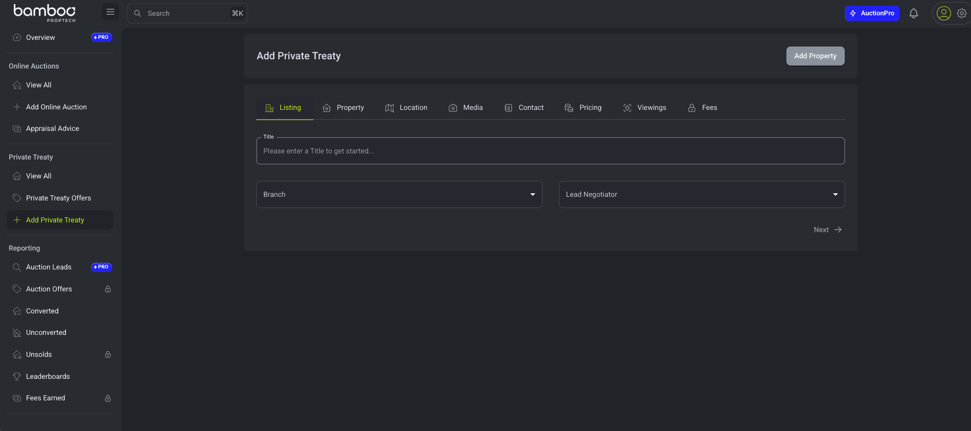 Dashboard Add Private Treaty