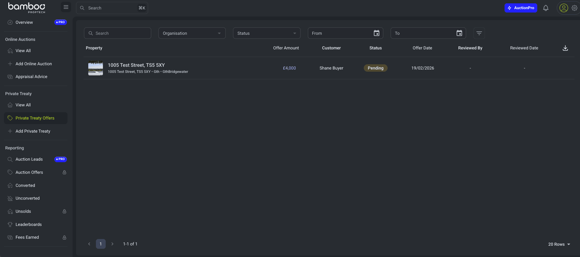 Dashboard Private Treaty Offers