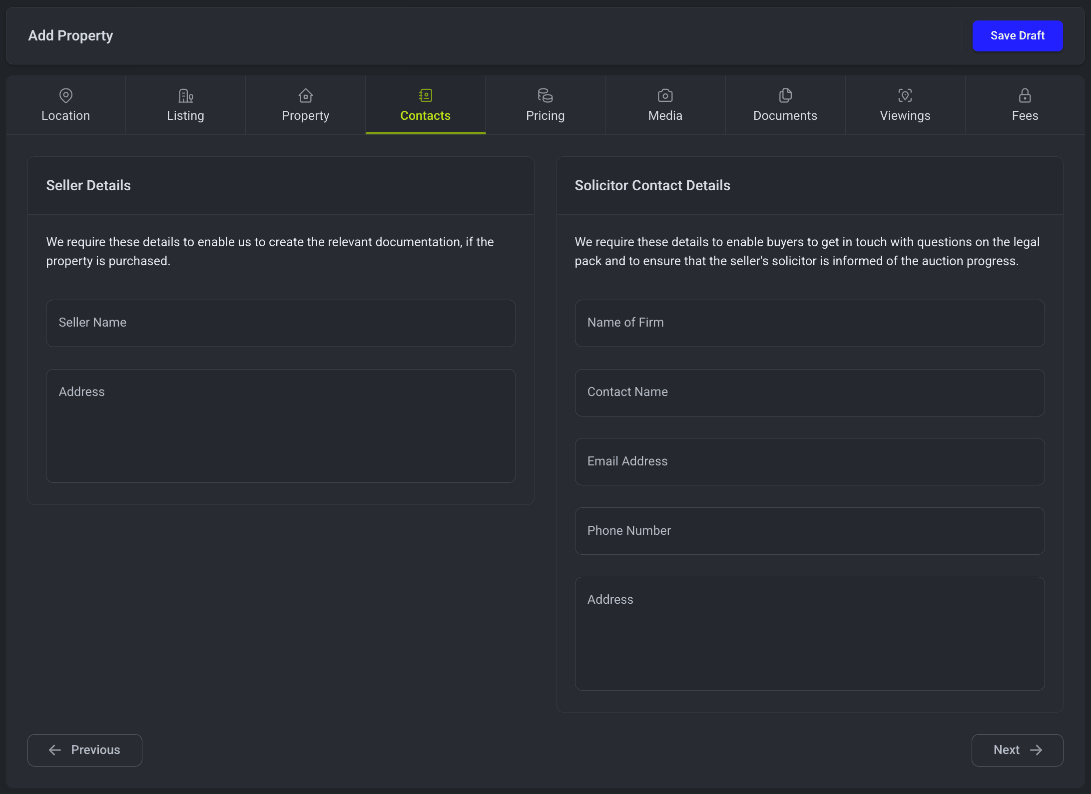 Dashboard Add Property Contacts Tab