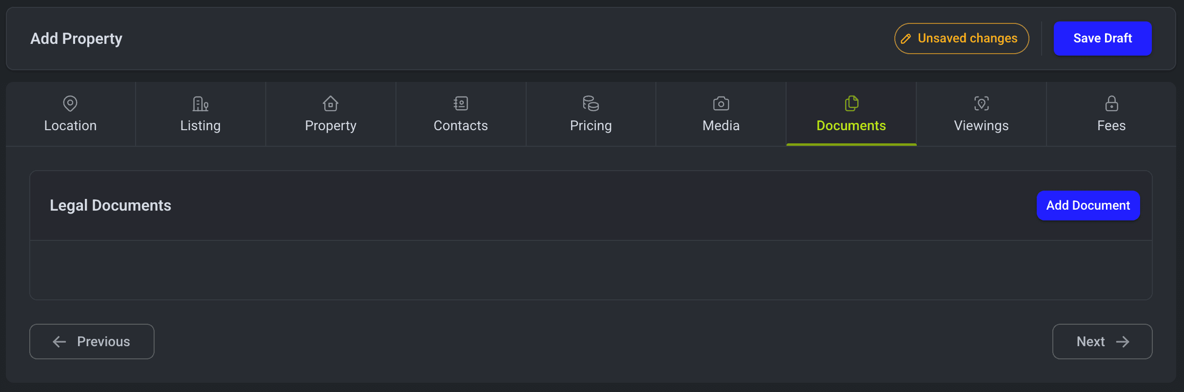 Dashboard Add Property Documents Tab