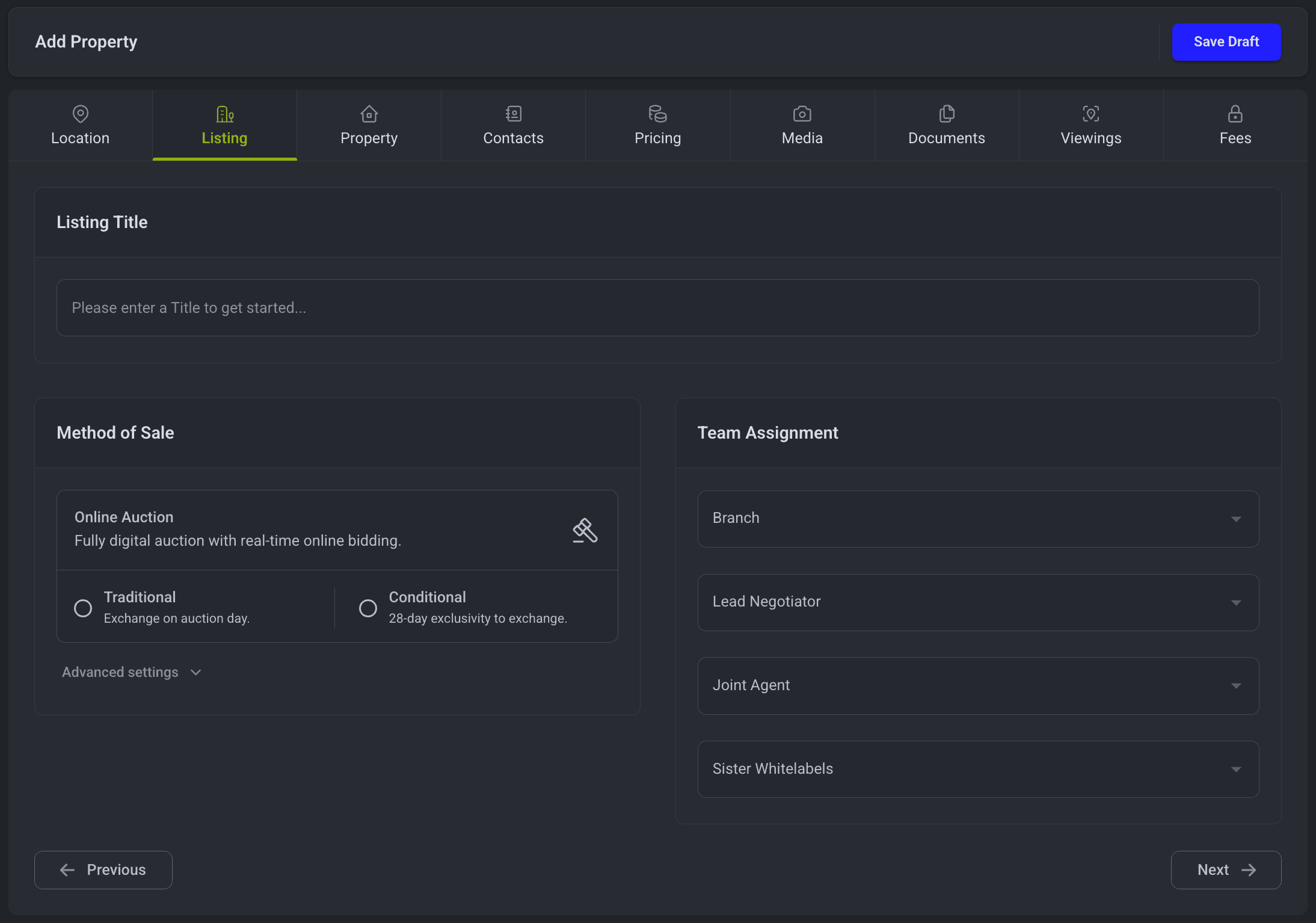 Dashboard Add Property Listing Tab