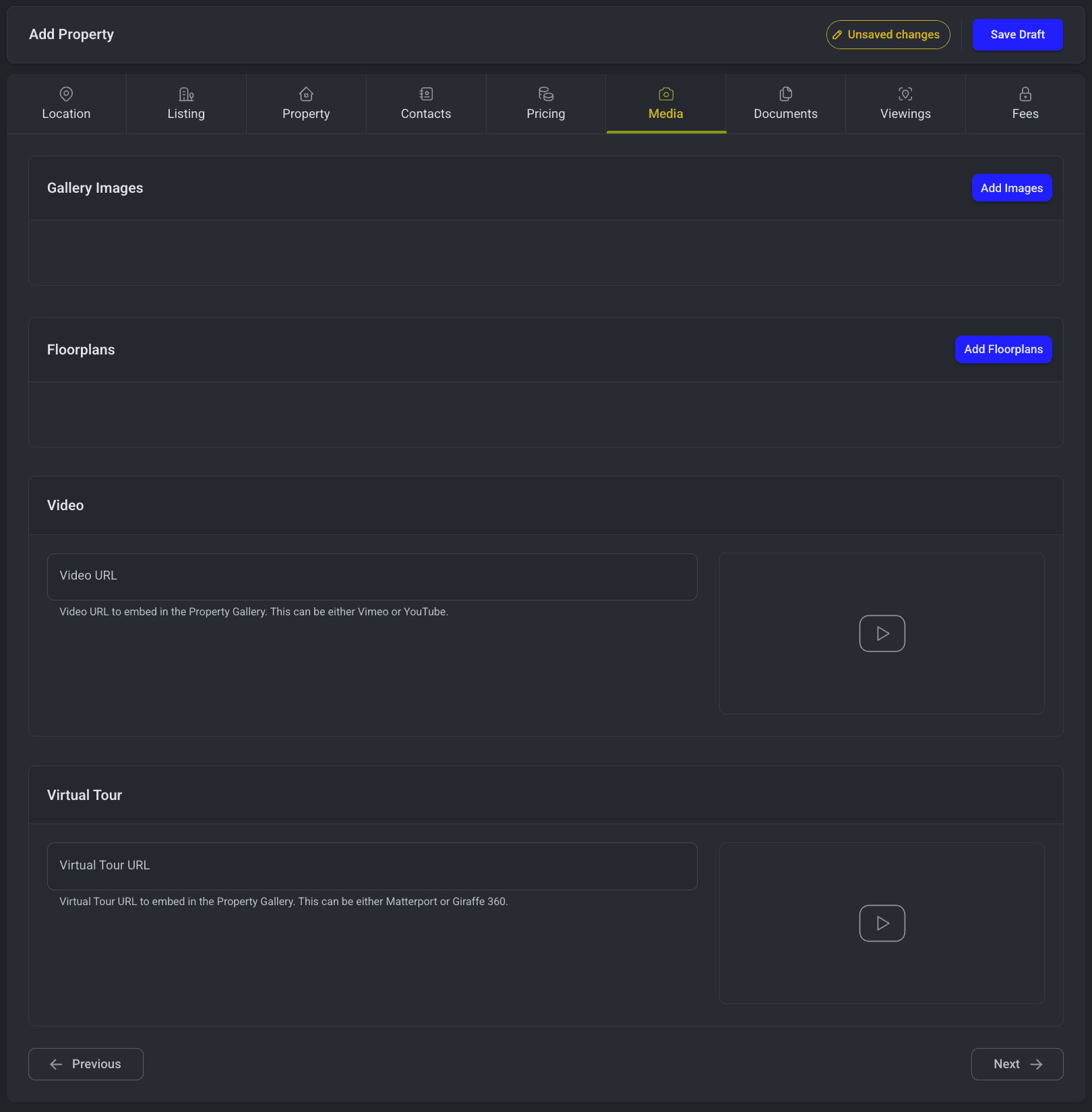 Dashboard Add Property Media Tab