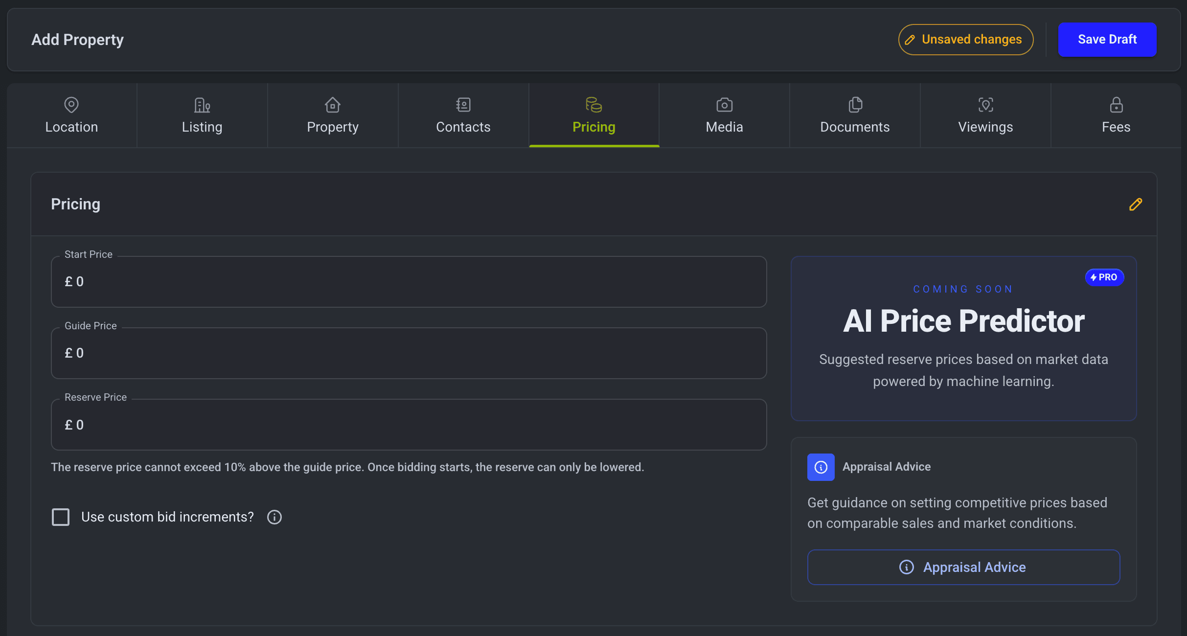 Dashboard Add Property Pricing Tab