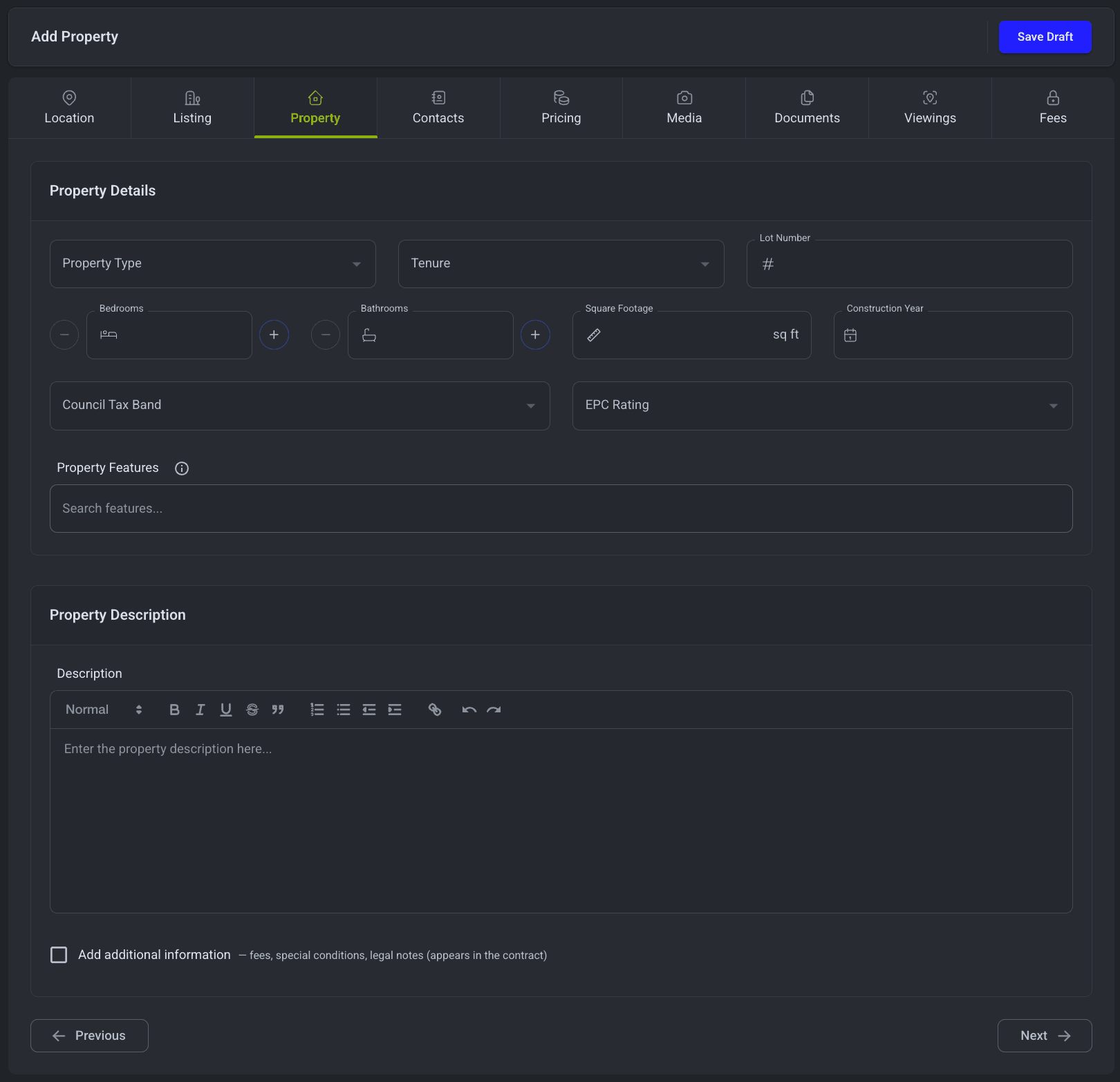 Dashboard Add Property Property Tab