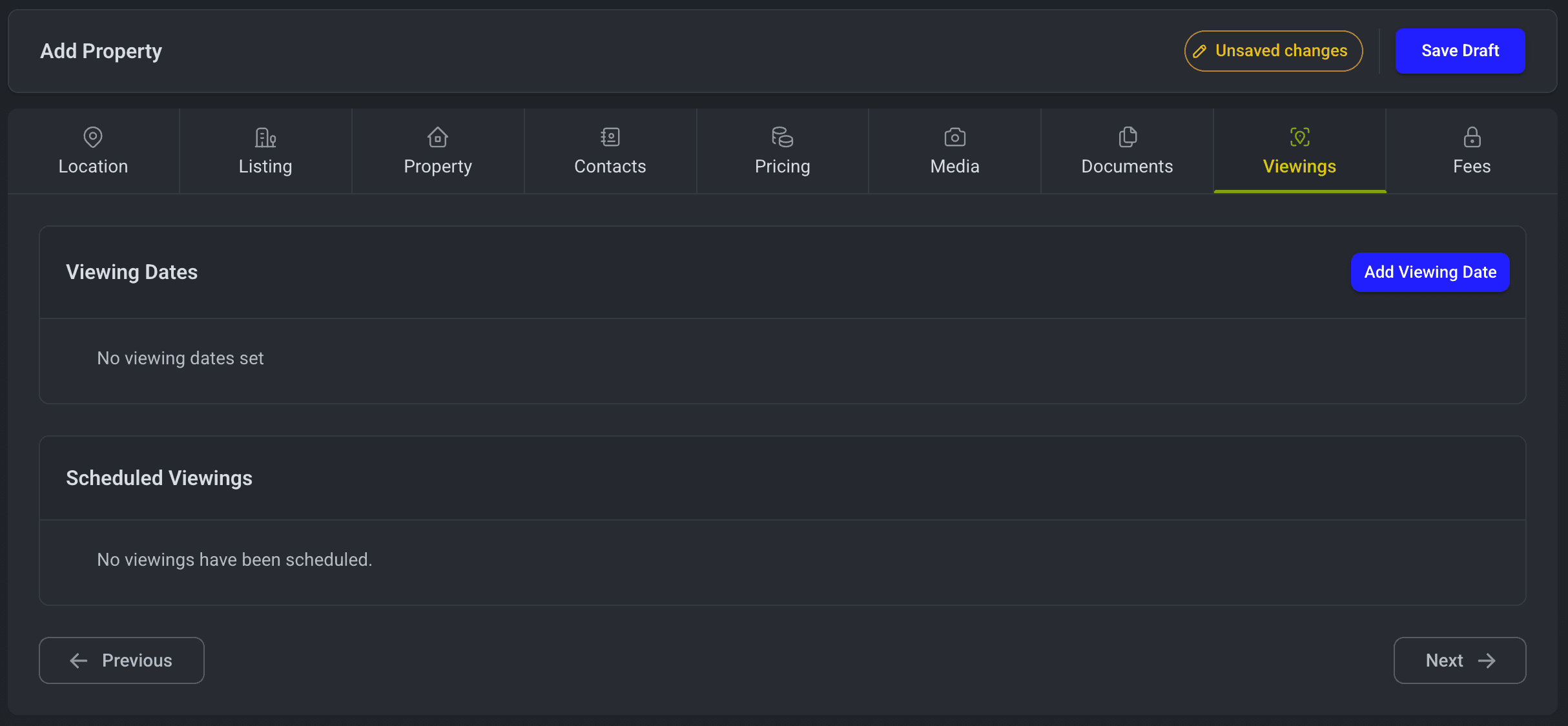 Dashboard Add Property Viewings Tab