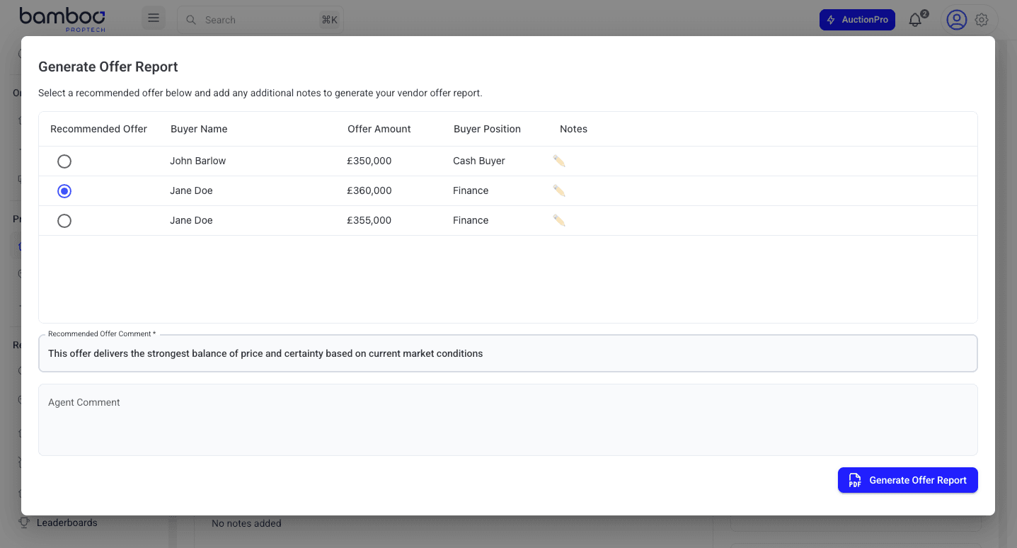Generate Offer Report Dialog