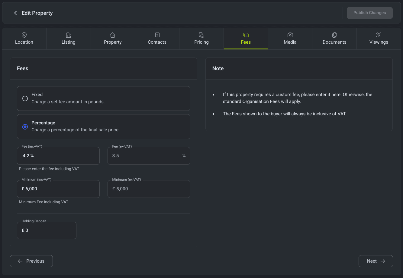 Dashboard Property Fees Tab