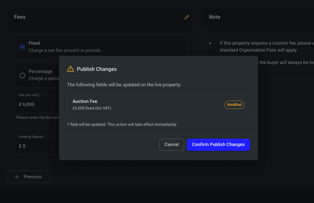 Dashboard Property Publish Changes Confirm with Auction Fee